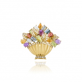 Yellow Gold Multi-Gem & Diamond Pendant Brooch